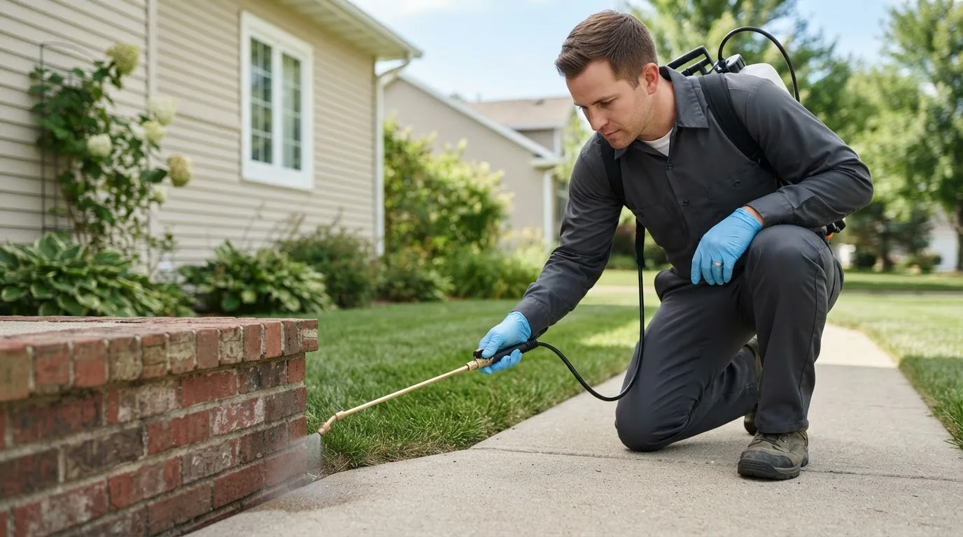 Pest control technician treating a home near Islandia, NY