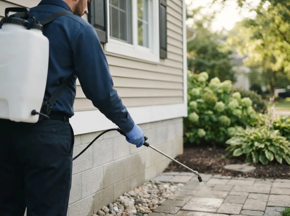 Pest control technician inspecting a home in Islandia, NY